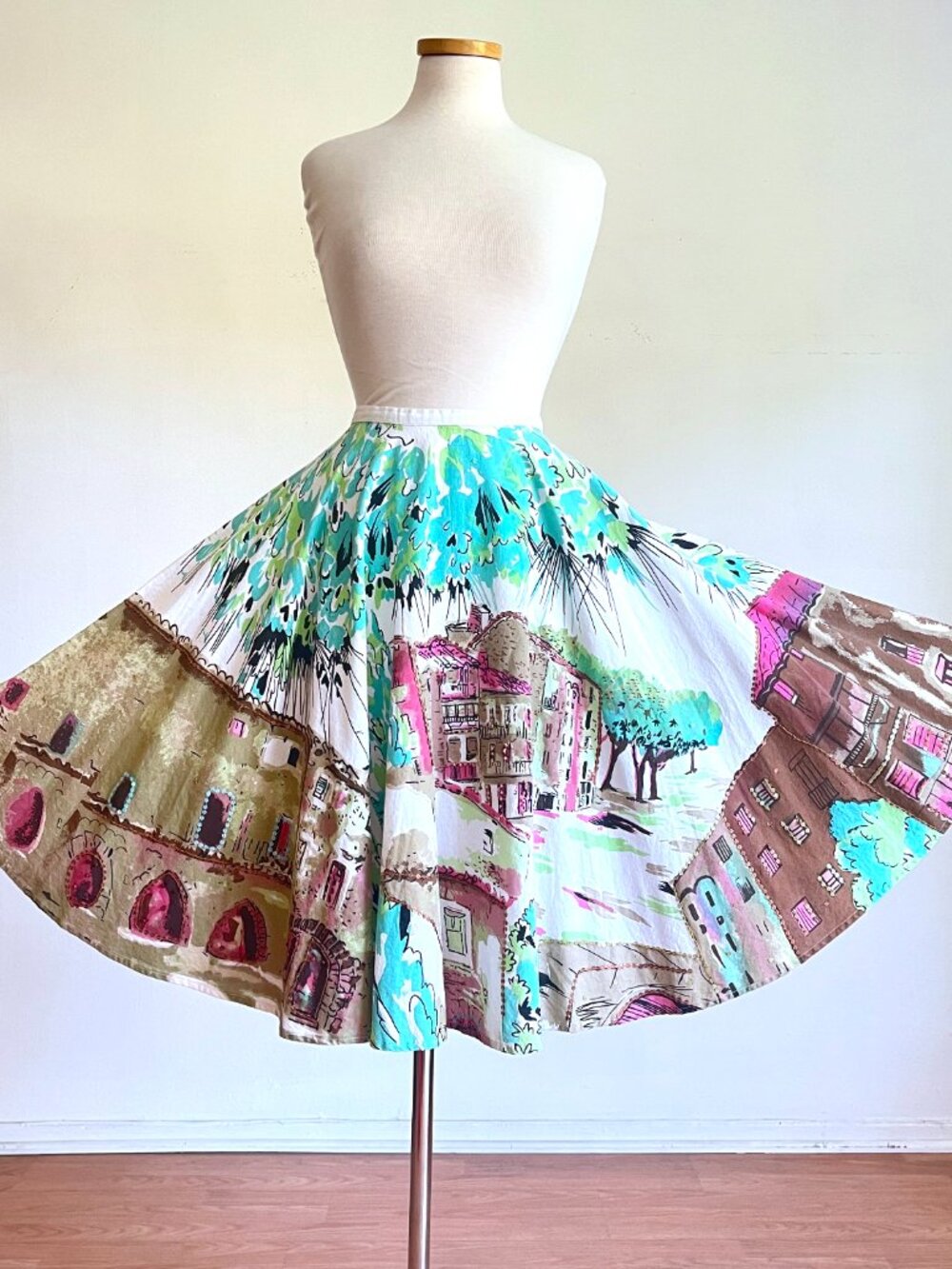 Vintage 80s Willi Smith Novelty Print Cotton Sequined Full Circle Skirt Size 10